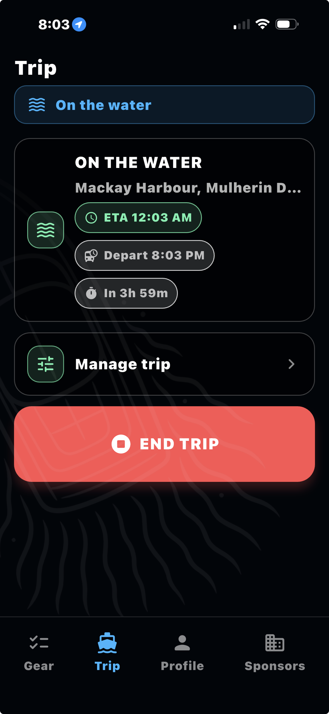 Marine Safe active trip screen