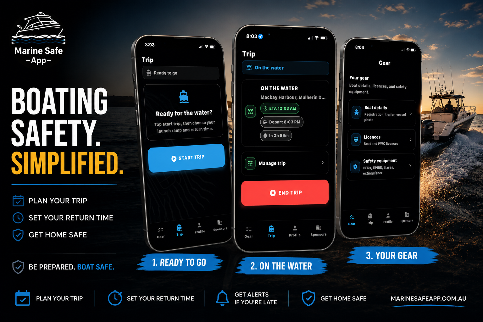 Marine Safe App shown beside a recreational fishing boat